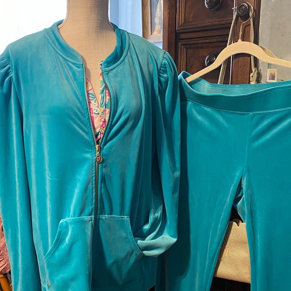 PRICE DROP Lilly Pulitzer Maldives Green Velour Pants/Leggings, size L, NWT - Picture 2 of 7